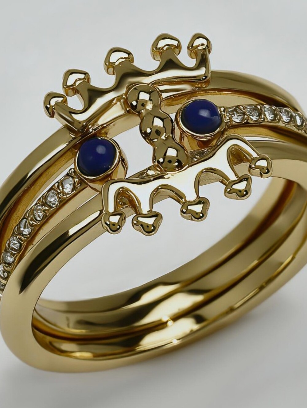 👑Juicy Couture Beaded Crown Gold Tone Stacking Rings Cubic Zirconia Blue Stone